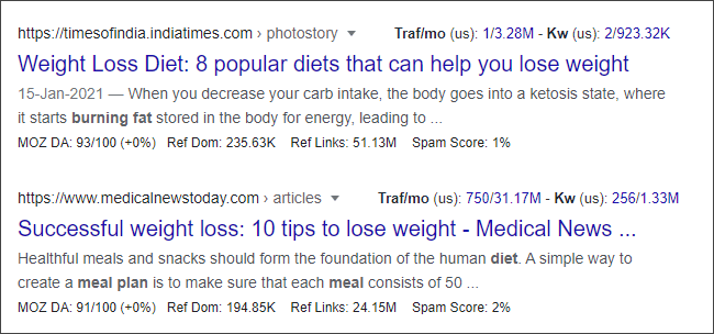 Google bolds terms in description texts